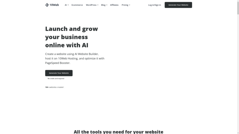 Capture d'écran de la page du site de 10Web