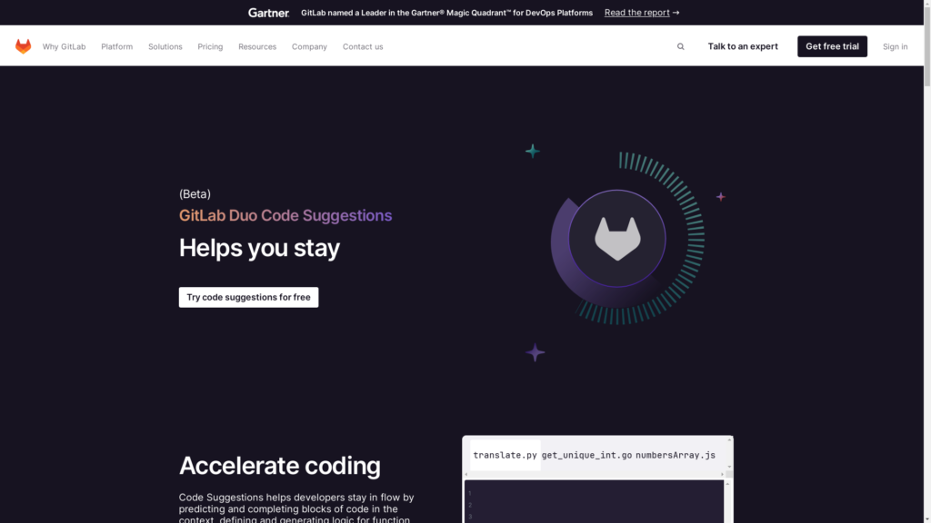 Capture d'écran de la page du site de Gitlab Code Suggestions