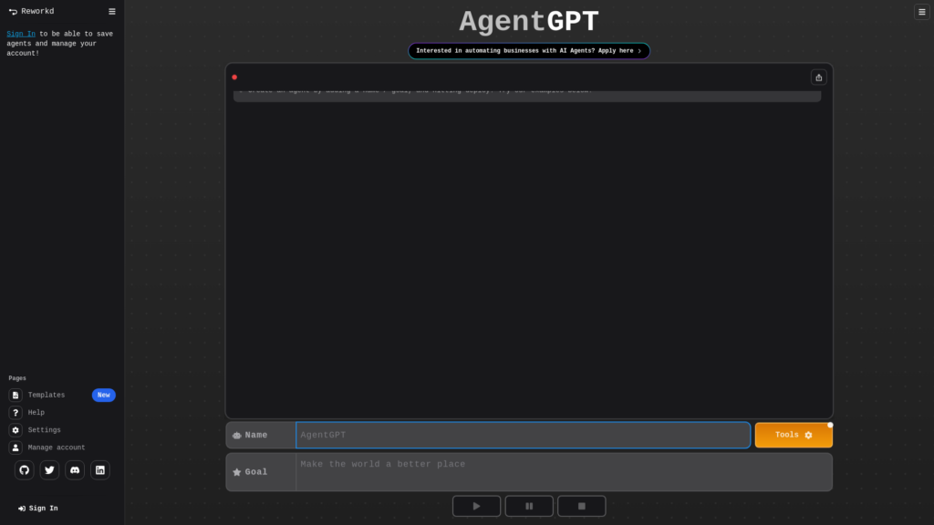 Capture d'écran de la page du site de AgentGPT