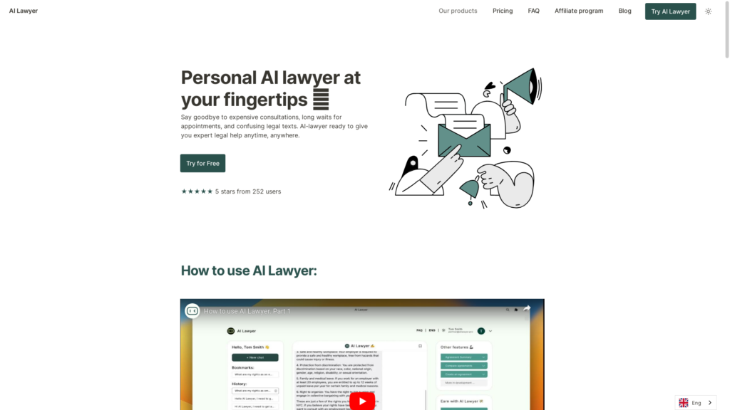 Capture d'écran de la page du site de AI Lawyer