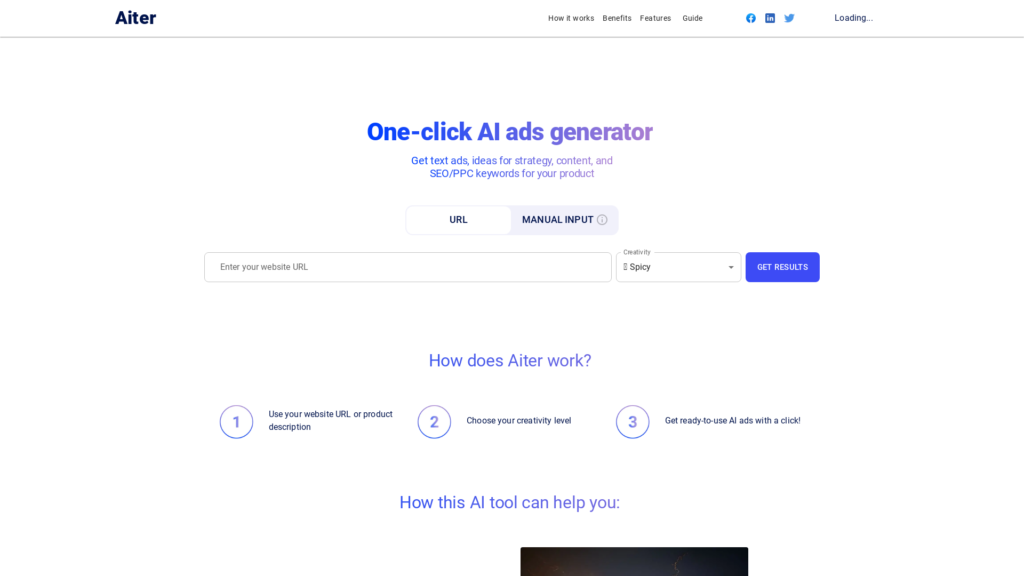 Capture d'écran de la page du site de Aiter.io