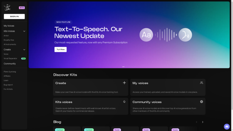 Capture d'écran de la page du site de Kits AI