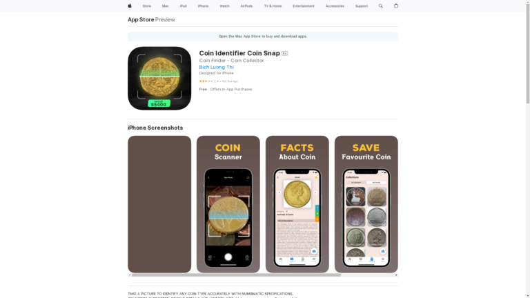 Capture d'écran de la page du site de Coin Identifier Coin Snap