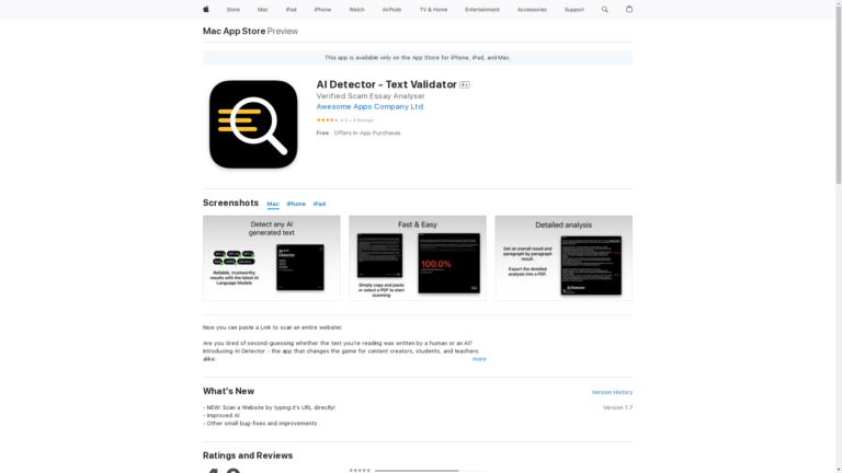 Capture d'écran de la page du site de AI Detector - Text Validator