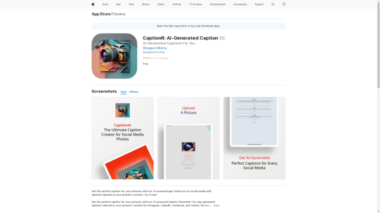 Capture d'écran de la page du site de CaptionR