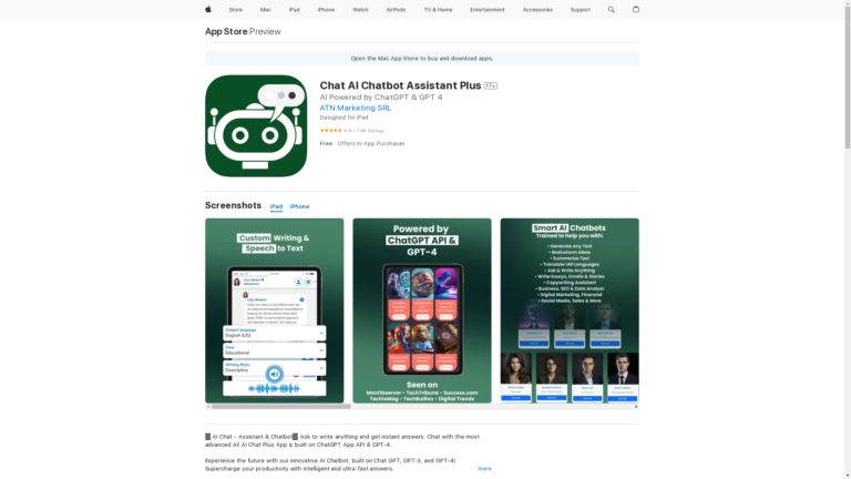 Capture d'écran de la page du site de Chat AI