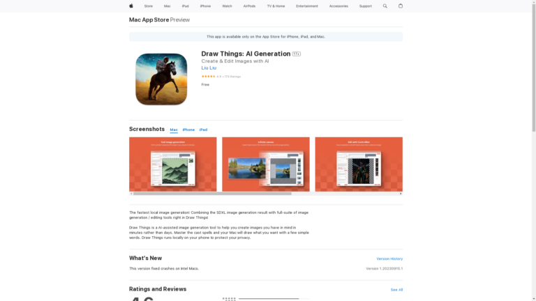 Capture d'écran de la page du site de Draw Things