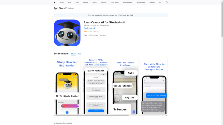 Capture d'écran de la page du site de ExamCram