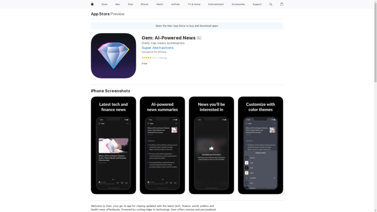 Capture d'écran de la page du site de Gem: Tech & Finance News