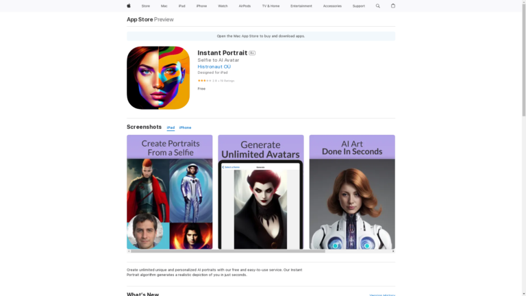 Capture d'écran de la page du site de Instant Potrait