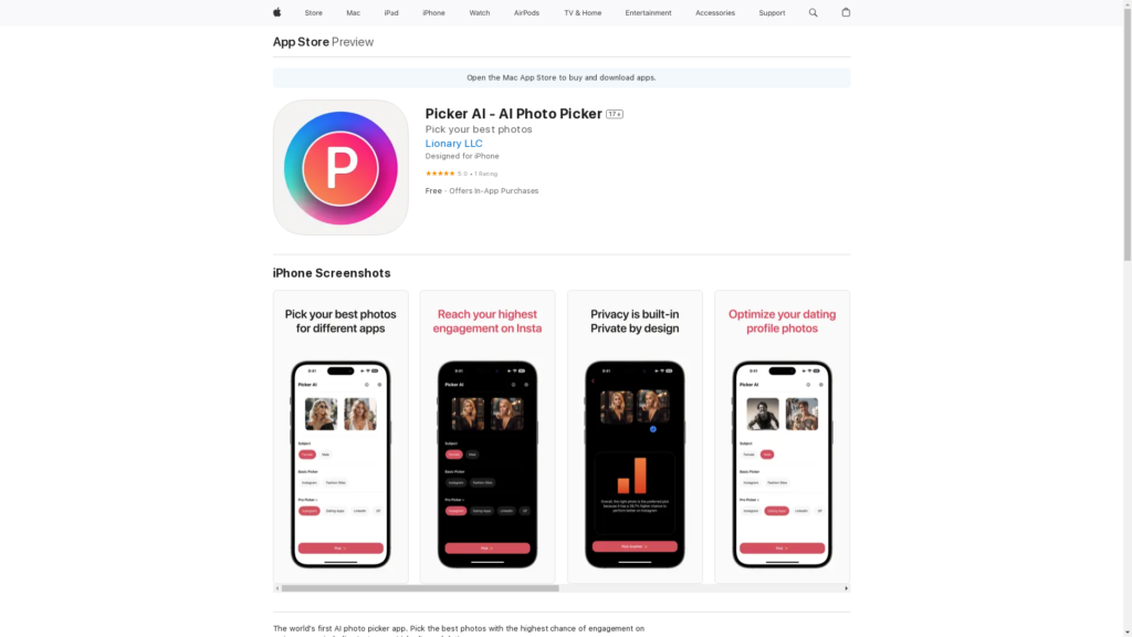 Capture d'écran de la page du site de Picker AI - AI Photo Picker