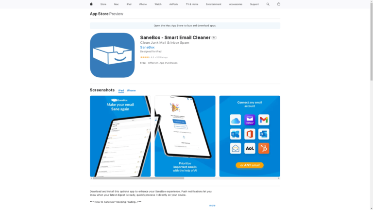 Capture d'écran de la page du site de SaneBox