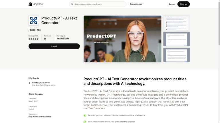 Capture d'écran de la page du site de ProductGPT