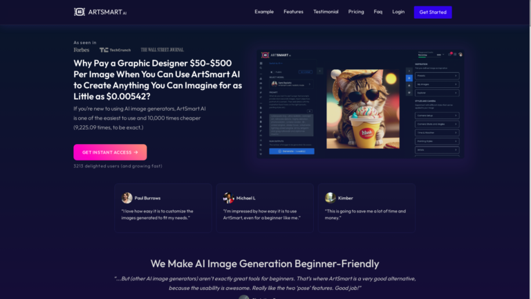 Capture d'écran de la page du site de Artsmart.ai