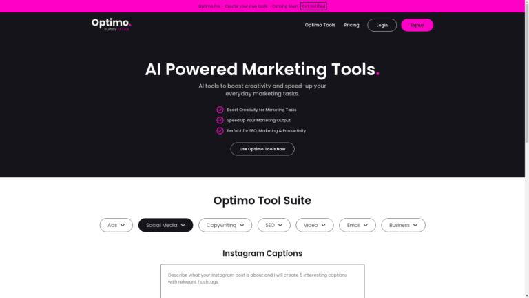 Capture d'écran de la page du site de Optimo