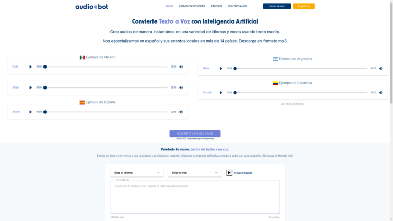 Capture d'écran de la page du site de AudioBot