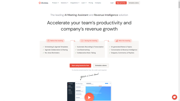 Capture d'écran de la page du site Avoma