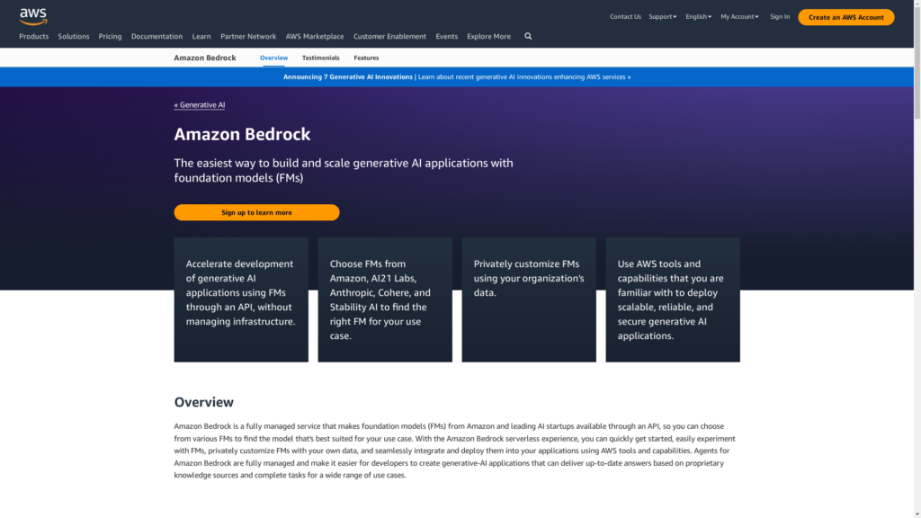 Capture d'écran de la page du site de Amazon Bedrock