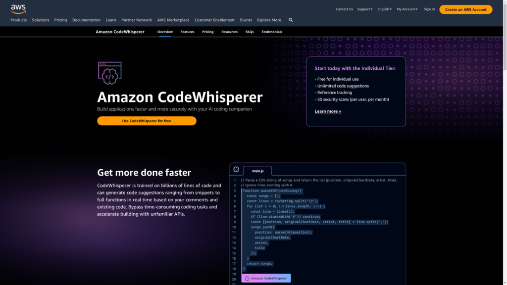 Capture d'écran de la page du site de Amazon CodeWhisperer