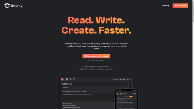 Capture d'écran de la page du site de Bearly