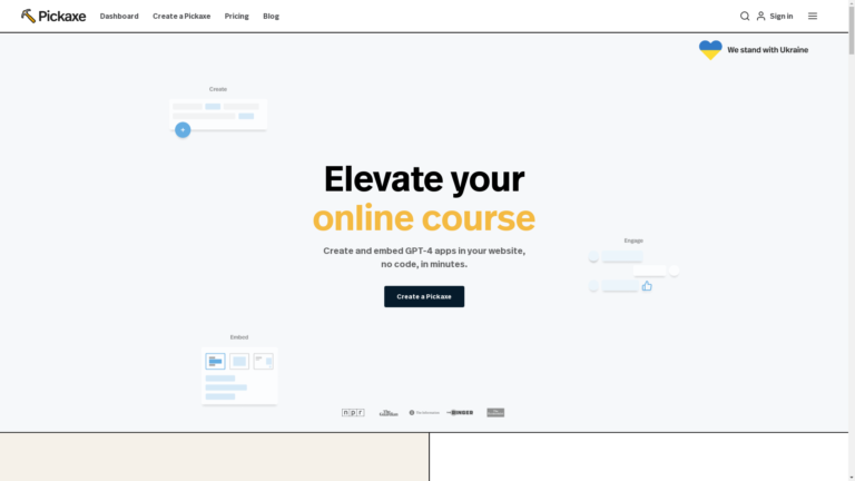 Capture d'écran de la page du site de Pickaxe