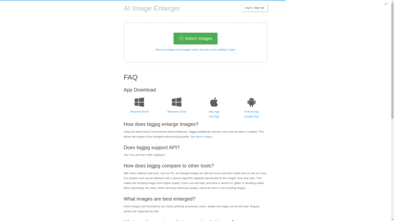 Capture d'écran de la page du site de Bigjpg
