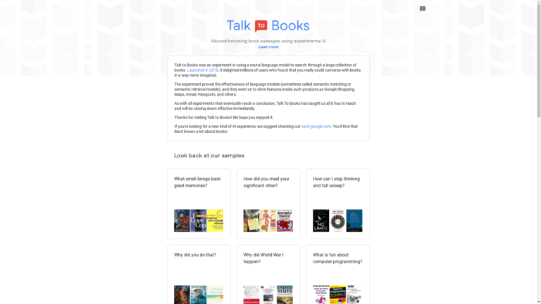 Capture d'écran de la page du site de Talk To Books