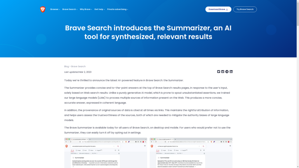 Capture d'écran de la page du site de Brave Search Summarizer