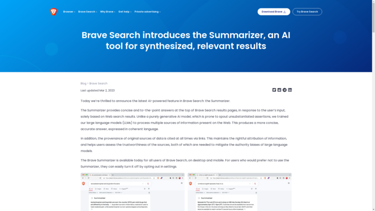 Capture d'écran de la page du site de Brave Search Summarizer