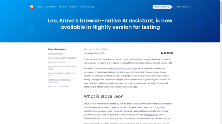 Capture d'écran de la page du site de Brave Leo