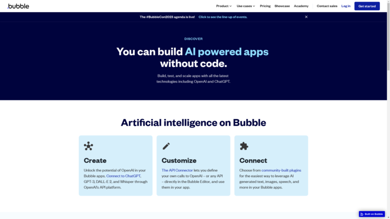 Capture d'écran de la page du site de Bubble
