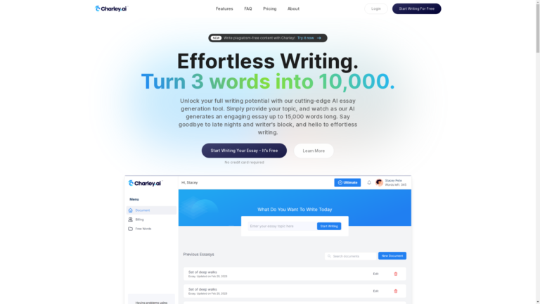 Capture d'écran de la page du site de Charley.ai
