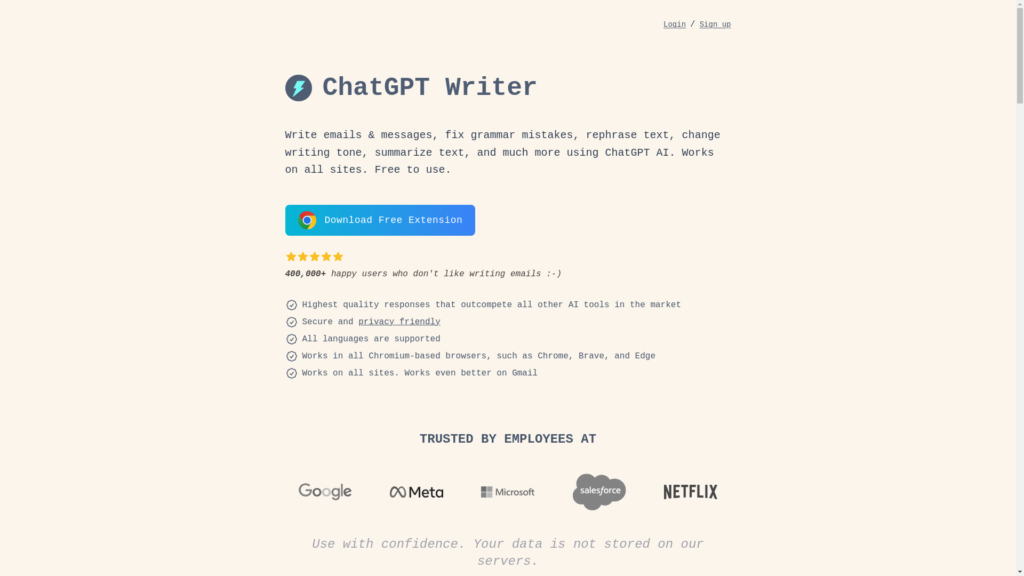 Capture d'écran de la page du site de ChatGPT Writer