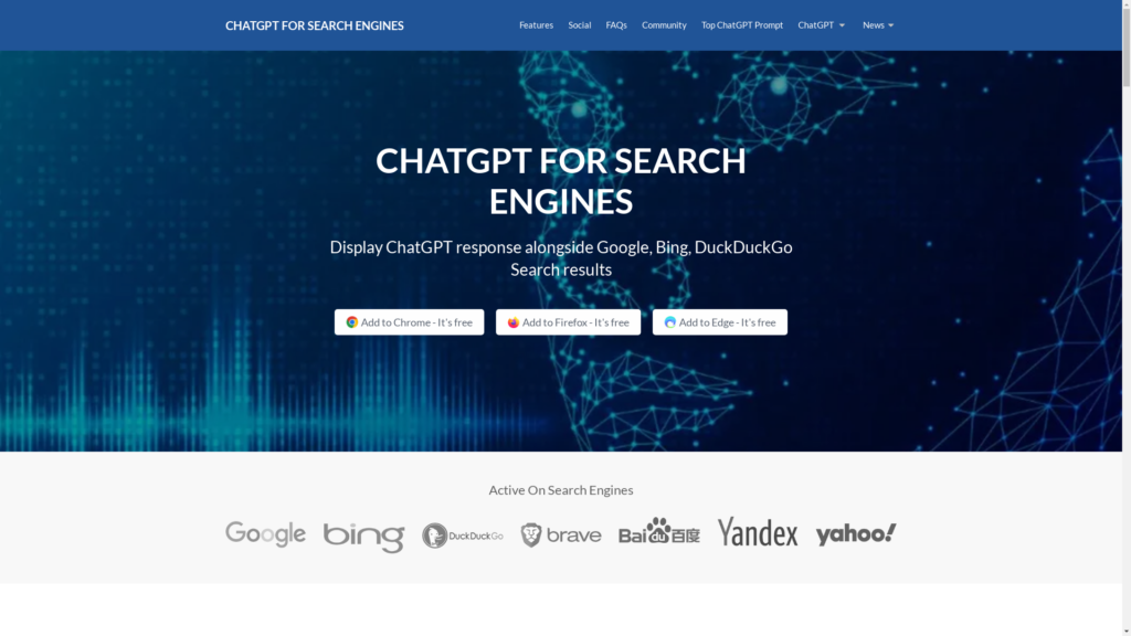 Capture d'écran de la page du site de ChatGPT For Search Engines