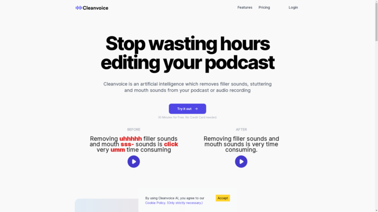 Capture d'écran de la page du site de Cleanvoice AI
