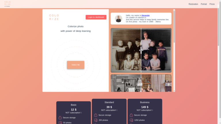 Capture d'écran de la page du site de Colorize