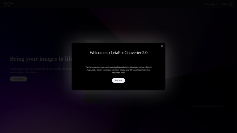 Capture d'écran de la page du site de LeiaPix