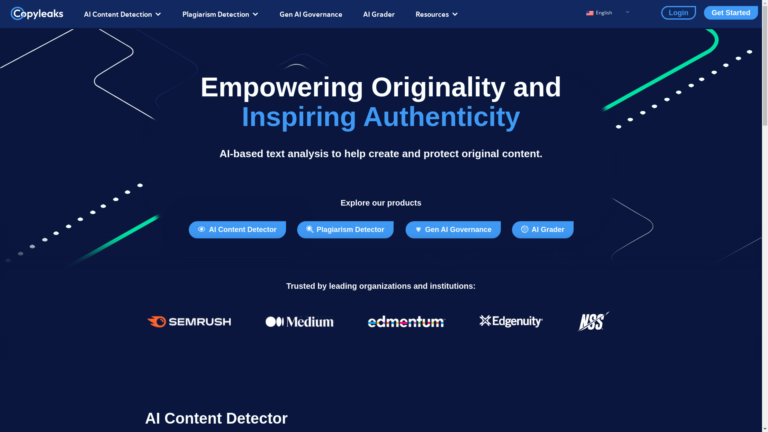 Capture d'écran de la page du site de Copyleaks