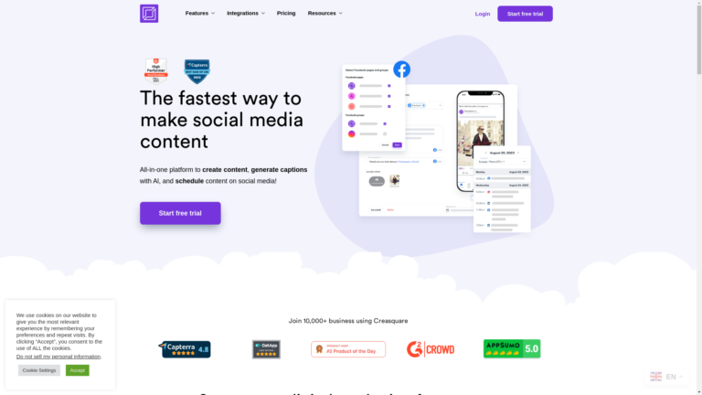 Capture d'écran de la page du site de Creasquare
