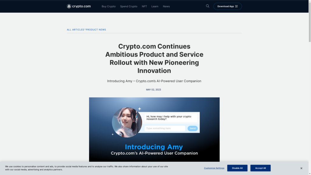 Capture d'écran de la page du site de Amy by Crypto.com