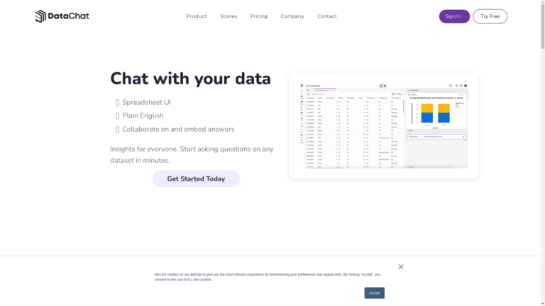 Capture d'écran de la page du site de DataChat AI