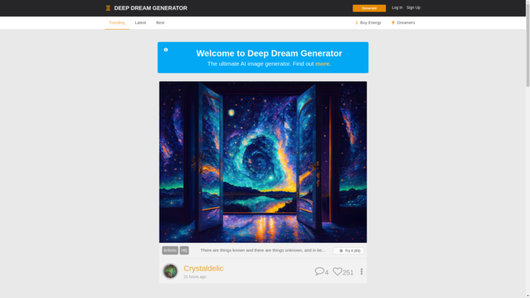 Capture d'écran de la page du site de Deepdreamgenerator