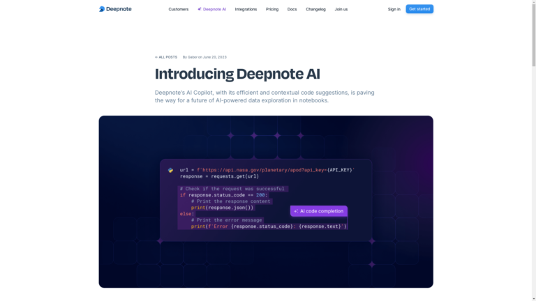 Capture d'écran de la page du site de Deepnote