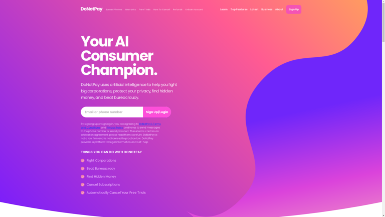 Capture d'écran de la page du site de DoNotPay