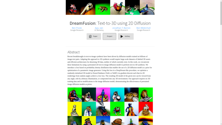 Capture d'écran de la page du site de DreamFusion