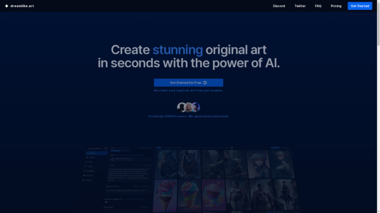 Capture d'écran de la page du site de Dreamlike.art