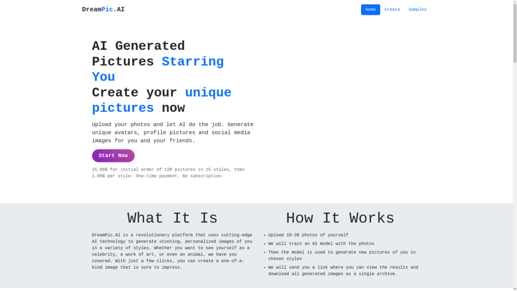 Capture d'écran de la page du site de DreamPic.AI