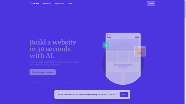 Capture d'écran de la page du site de Durable