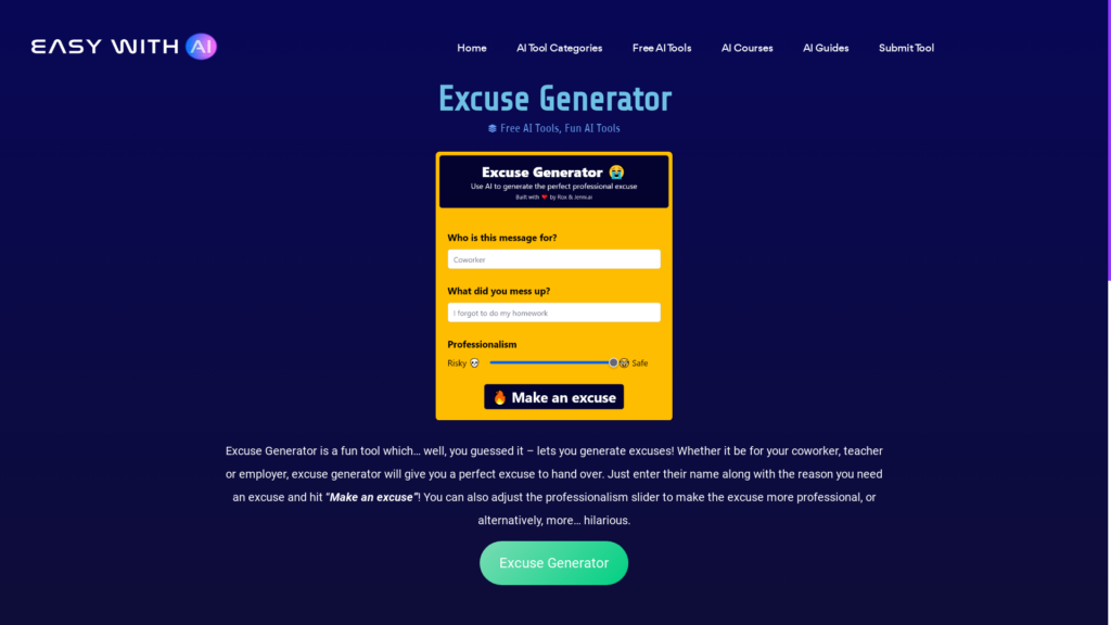 Capture d'écran de la page du site de Excuse Generator