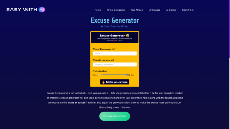 Capture d'écran de la page du site de Excuse Generator